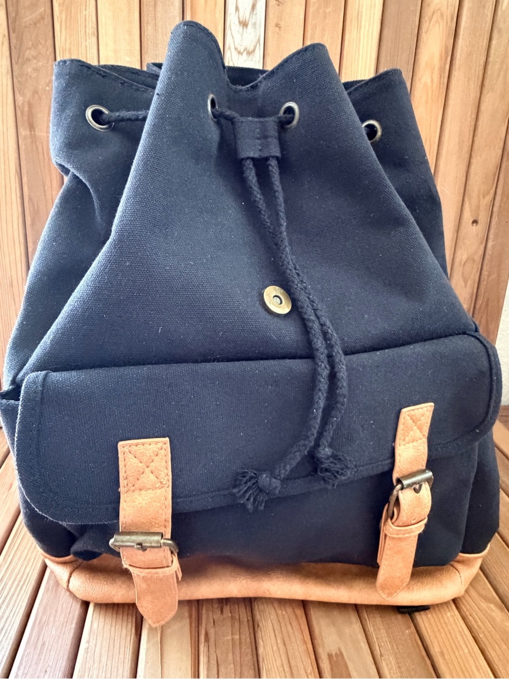 Black XL Canvas Backpack w/Camel Faux Leather Trim Minimalist, School Travel Bag - Picture 6 of 11
